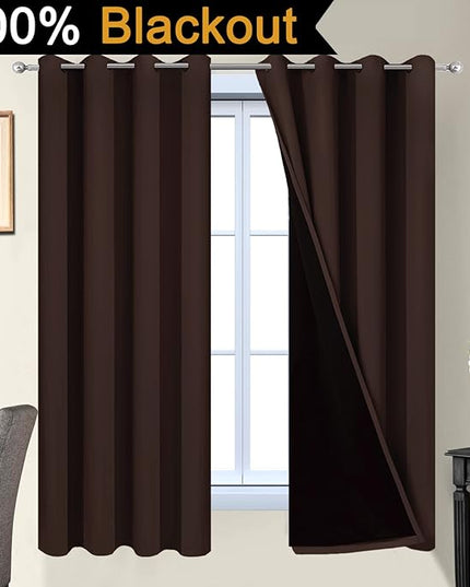 Yakamok Blackout Curtains 63 Inches Long,Blackout Curtain Panels for Bedroom, 2 Thick Layers Grommet Top Thermal Insulated Drapes with Black Liner for Living Room(52Wx63L, Chocolate Brown, 2 Panels)