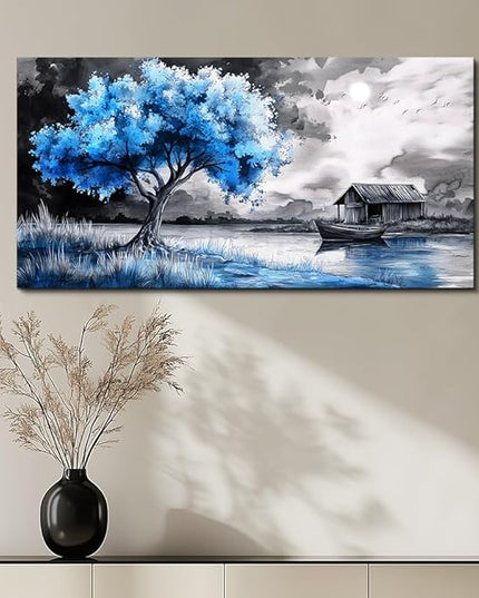 PHAOHUAXM Large Wall Art For Living Room Blue Wall Decor For Bedroom Black White And Blue Trees Wall Pictures Restaurant Office Frame Printing Canvas Large Artwork Modern Home Decoration 30x60 in