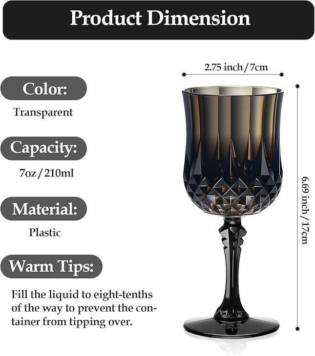 XUWAIDSGN 7oz Plastic Vintage Wine Glasses Drinking Glasses Unbreakable Wedding Glassware Crystal Water Goblets Reusable Drinkware Vintage Champagne Flutes (24, Black)