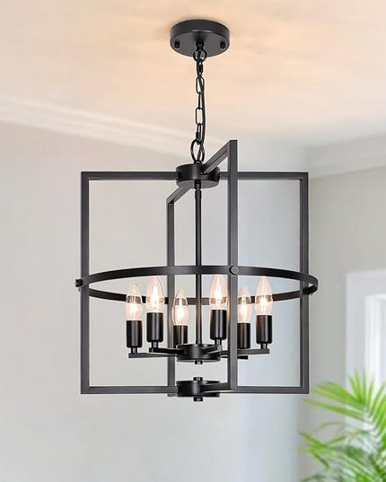 6-Light Black Chandelier, 17.72“ Geometric Dining Room Light Fixture, Large Modern Chandelier, Hanging Industrial Metal Chandelier for Foyer Entryway Kitchen Hallway Living Room