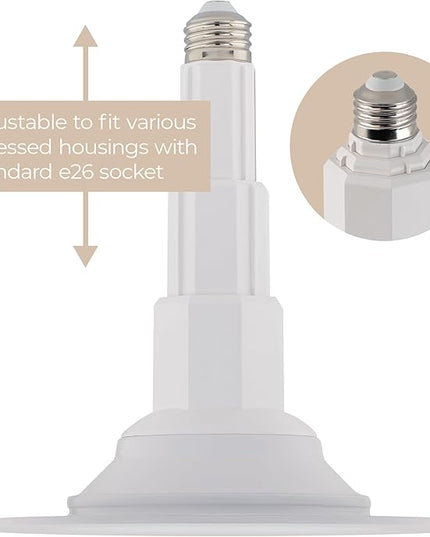 Just Screw Me in 6in LED Recessed Retrofit Light for E26 or Medium Base 4, 5, or 6 Inch Recessed Cans with Telescoping Neck and 5-CCT 2700-3000-3500-4000-5000K in White (Pack of 4)