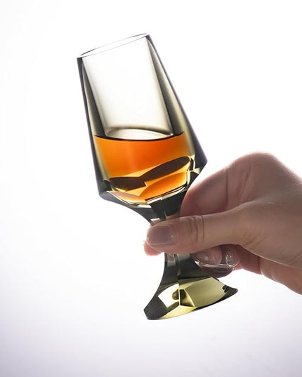 KAMMAK Crystal Snifter Glass Set of 2 - Hand Blown Stemmed Whiskey Glass for Bourbon-2.37oz, Brandy & Cognac with Delicate Rim, Colored Elegant Etched Detailing, Luxury Barware for Tasting & Gift