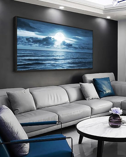 Black Framed Wall Art For Living Room Decorations Photo Prints - Blue Sea View The Moon Landscape - Modern Home Decor The Room Stretched And Framed Ready To Hang Artwork (Blue Ocean&Moon, 24x 48inch)