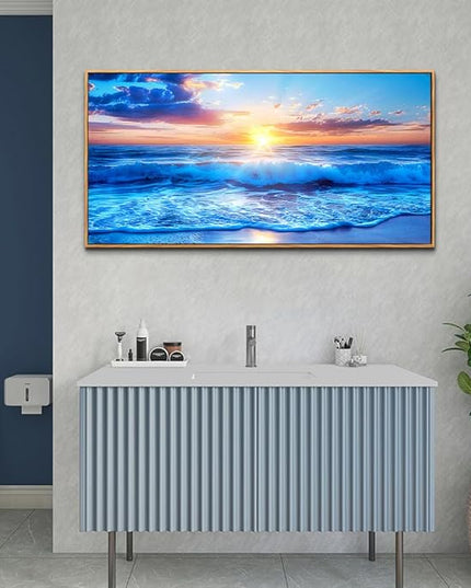 Wapluam Large Wall Art For Living Room Decorations For Bedroom Office Wall Decor Wood Framed Canvas Wall Painting Blue Sea Wave Pictures Artwork For Modern Beach Seascape Posters Home Decor
