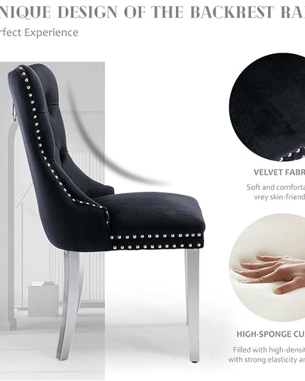 SoarFlash Velvet Dining Chair Set of 4, Upholstered Tufted Dining Room Chair with Nailhead Trim, Solid Silver Plated Leg for Kitchen (Black)