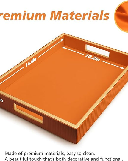 SANZIE Leather Tray Desktop Storage Organizer Premium Serving Tray Decorative Tray Valet Tray for Sundries Cosmetics Phone Wallet Cutlery, Rectangular, Orange