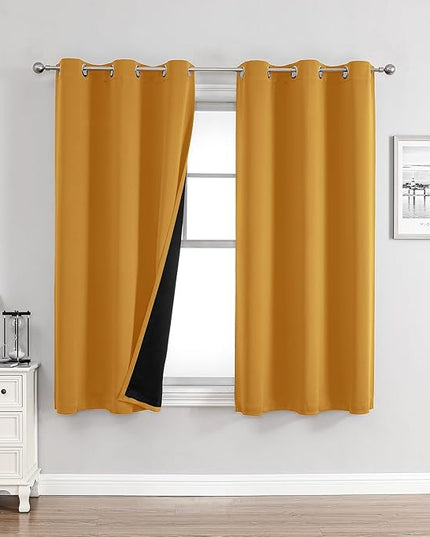 ChrisDowa 100% Blackout Curtains for Bedroom with Black Liner, 2 Thick Layers Total Blackout Thermal Insulated Grommet Small Window Curtains 2 Panels Set (Mustard Yellow, 42 x 45 Inch)