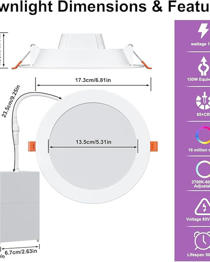 Smart Recessed Lighting 6 Inch RGBCW Color Changing 16W LED Downlight with Junction Box,1350 Lumen Recessed Ceiling Light Compatible with Alexa,Dimmable by Bluetooth Control -1Pack