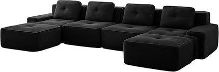 Hommoo 153" Oversized Sectional Sofa, Modular U Shaped Couch with Ottoman, Comfy Corduroy Couches with Deep Seat, 6 Seat Convertible Boneless Sofa for Living Room No Assembly Required Black