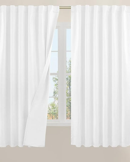 LAMIT 100% White Blackout Curtains for Bedroom, 63 Inches Polyester Textured Thermal Curtains Back Tab and Rod Pocket Burlap Panels with White Liner for Farmhouse/Living Room, 2 Panels, 52 x 63 Inch