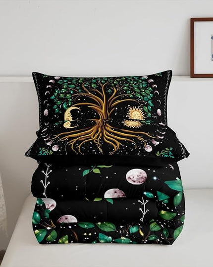 Manfei Tree Artwork Kids Comforter Set Twin Size,Sun Moon Starry Sky Galaxy Trippy Bedding Set,Boys Girls Adults Room Decor,Boho Exotic Psychedelic Down Comforter,Watercolor Duvet Insert,1 Pillowcase