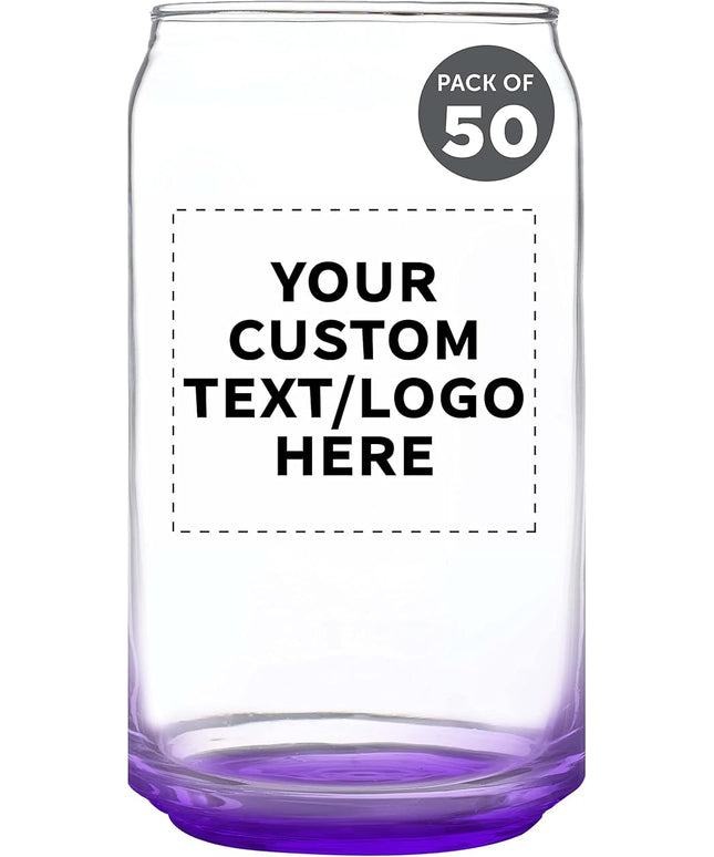 Custom Beer Can Glasses Set of 50, 16 oz. Pint Sized, Promotional Text, Logo, Soda Can Shape, Glassware, Purple