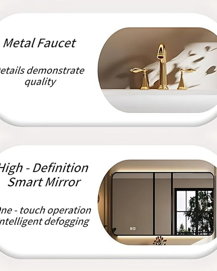 56IN Floating Bathroom Vanity with Sink, Double Sink Bathroom Vanities Set, with LED Smart Defog Mirror Cabinet | Equipped with Basins of Different Heights & 2 Drawers (Dark Coffee Color)