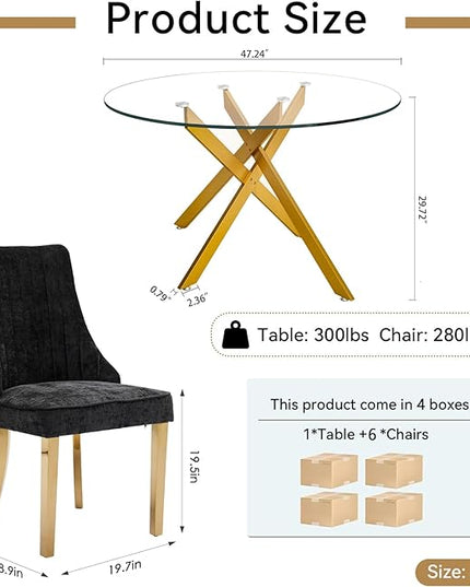 Round Glass Dining Table Set for 6, 47'' Clear Circular Kitchen Table and Chairs Set, 7PCS Modern Circle Dining Room Table Set with 6 Dining Chair for Home