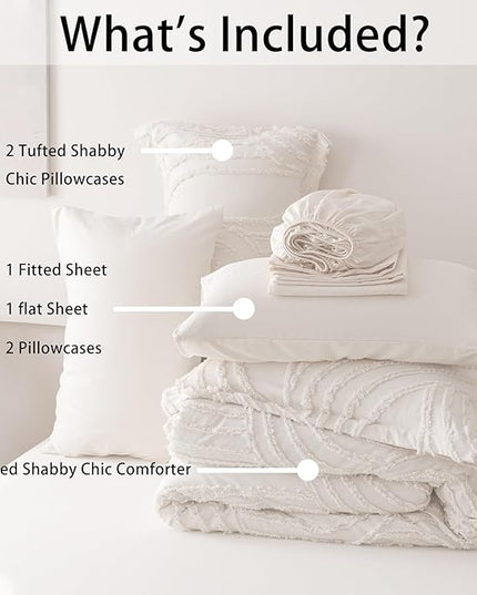 Ivory Twin Comforter Set - 7 Pieces Bed in a Bag, Premium Comforters Twin Size Bed Set Tufted Shabby Chic Bedding Comforter Set with Flat Sheet, Fitted Sheet and Pillowcases,White