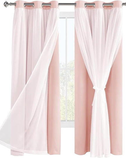 Hiasan Pink Blackout Curtains with Sheer Overlay Thermal Insulated Mix & Match Double Layer Room Darkening Window Curtains for Bedroom Living Room Nursery 2 Panels with Tiebacks(42W X 63L,Blush Pink)