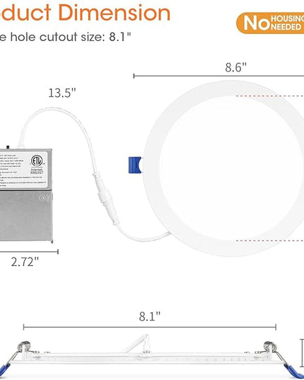Meconard 4 Pack 8 Inch 5CCT LED Recessed Ceiling Light with Junction Box, 2700K/3000K/3500K/4000K/5000K Selectable Ultra-Thin Lighting, Dimmable 18W=125W, 1500LM, IC Rated Can-Killer Downlights, ETL