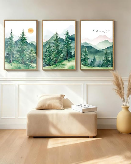 ANHUIB Extra Large Forest Wall Art Green Mountain Wall Decor Set of 3 for Living Room Bedroom Dining Room 24x36 Inch