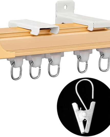Ceiling Curtain Track Ceiling and Wall Mounted Heavy-Duty Curtains Rails Room Divider Curtains Shower RV Tracks Ceiling Sliding Curtain Rods With Clips, Gold 18ft.