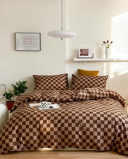 CLOTHKNOW Brown Plaid Comforter Sets Twin/Twin XL 3Pcs Grid Bedding Comforter Sets Dark Brown Checker Comforter Checkered Bedding Sets