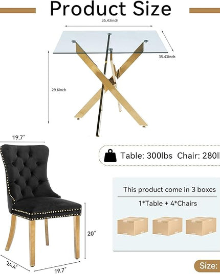 Glass Dining Table Set for 4, Square 36" Dining Table with Gold Cross Metal Leg, 4 Black Velvet Dining Chairs with Stainless Steel Legs, Modern Glass Kitchen Table and Chairs Set for Small Space