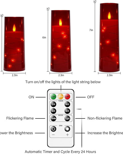 Flickering Flameless LED Candles,Battery Operated Candles 9 Pcs with Embedded Star String,Acrylic LED Pillar Candles with Remote,Suitable for Home Decoration to Create an Atmosphere（Red）
