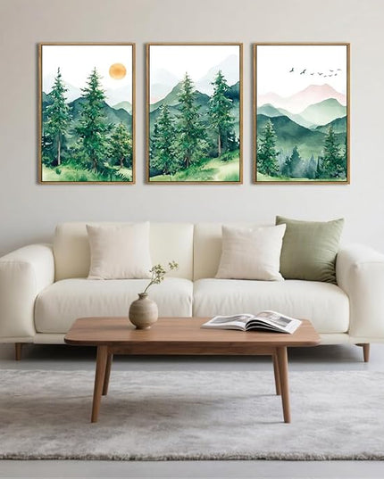 ANHUIB Extra Large Forest Wall Art Green Mountain Wall Decor Set of 3 for Living Room Bedroom Dining Room 24x36 Inch