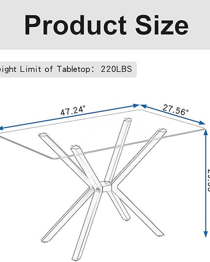 47.24" Rectangular Glass Dining Table Modern Kitchen Glass Top Table for 4 with Black Metal Legs, Clear Dining Table Kitchen Table for Home Office Dining Room
