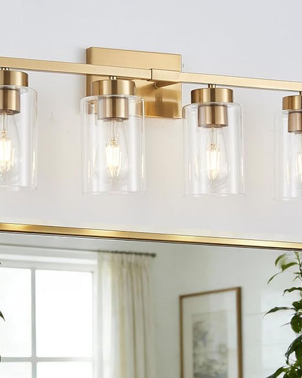 4-Light Bathroom Light Fixtures, Gold Modern Vanity Lights Over Mirror, Bathroom Wall Sconces with Clear Glass Shade for Living Room Bedroom Hallway Cabinet Porch