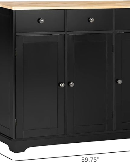 HOMCOM Sideboard with Solid Wood Countertop, Modern Kitchen Storage Cabinet, Coffee Bar Cabinet with 3 Drawers, Doors and Adjustable Shelf, Black
