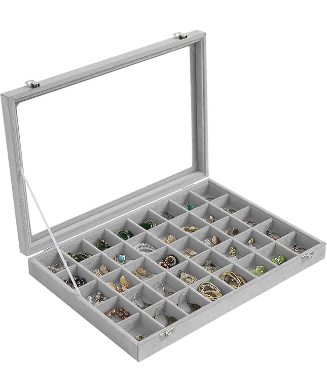 Stratalife Jewelry Organizer 40 Grid Jewelry Tray with Lid Dust-proof Velvet Earring Organizer Ring Holder Necklaces Earrings Storage Drawer Accessories Box for Women Gray