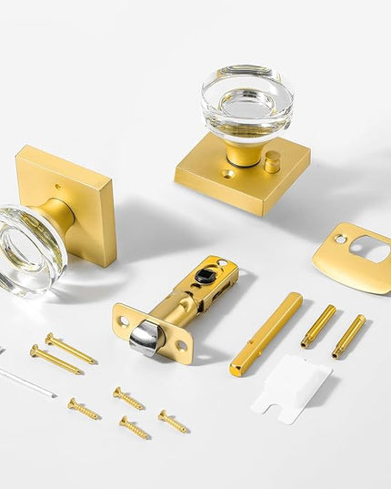 Glass Door Knobs Interior, Privacy Gold Door Knob with Lock, Round Modern Crystal Door Knobs for Bedroom Bathroom, Satin Brass