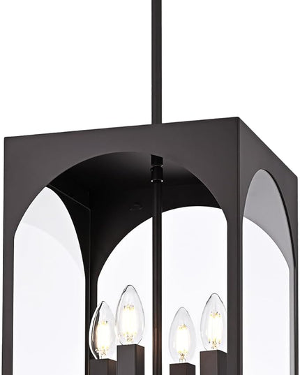 VINLUZ Outdoor 4 Light Pendant Lighting,Classic Outside Chandelier Exterior Hanging Lantern Light with Clear Glass Shade Oil Rubbed Bronze Finish for Porch, Yard, Gazebo