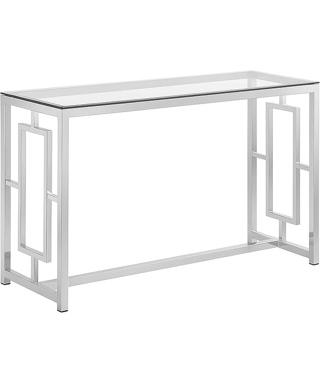 CARTESIAN Modern Glass Top Console Table with Chrome Metal Geometric Base, 47.25 x 15.75 x 27.5 Inches, Clear Tempered Glass, Entryway Sofa Accent Table