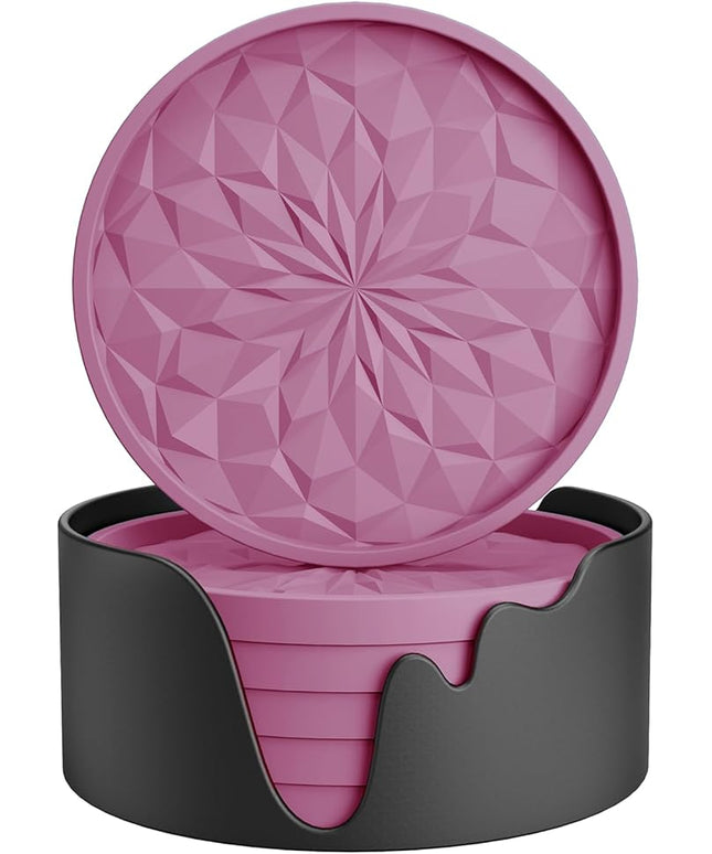 ME.FAN Silicone Coasters with Holder,[6 Pack] Drinking Coasters - Cup Mat for Hot or Cold Drinks, Thickened, Non-Slip, Non-stick,Deep Tray Dusty Rose