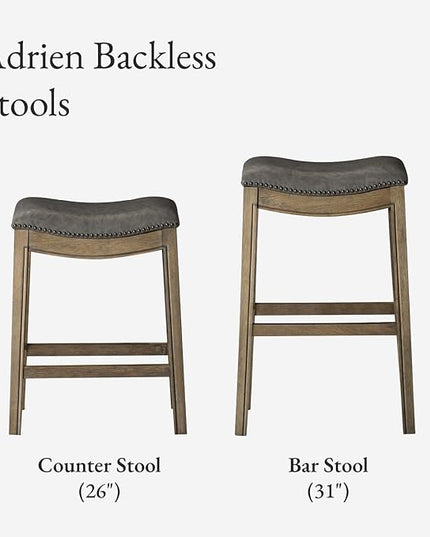 Maven Lane Adrien Backless Bar Stool – 31 Inch Saddle Seat with Footrest – Grey Solid Wood Frame & Grey Faux Leather Upholstery – Ideal for Bars, Pub Tables & Tall Kitchen Counters
