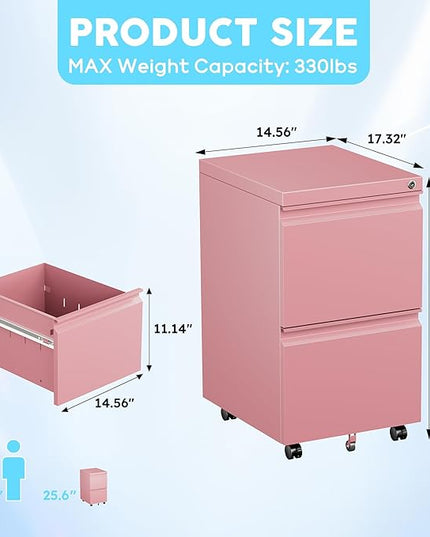 METAN 2 Drawer File Cabinet with Lock, Mobile Under Desk Filing Cabinet for Office Legal/Letter Size, Fully Assembled Except Wheels,Pink