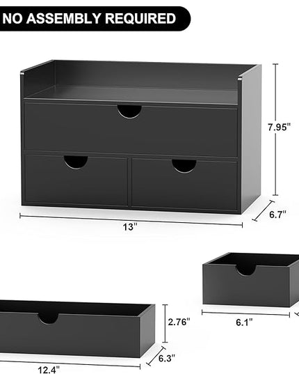 Wisuce Bamboo Desk Organizer - Mini Bamboo Desk Drawer Tabletop Cosmetic Storage Organization for Office or Home Black with Shelf
