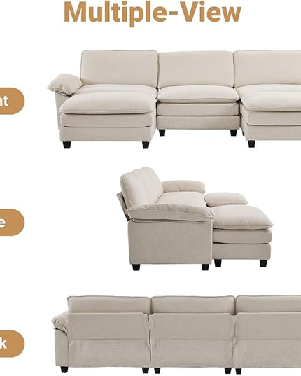 VINGLI 121" Cloud Couch, Comfy Modular Sectional Sofa Set for Living Room,Modern Linen 3-Seat Convertible Loveseat Sofa with 2 Ottoman for Small Space.（Beige）