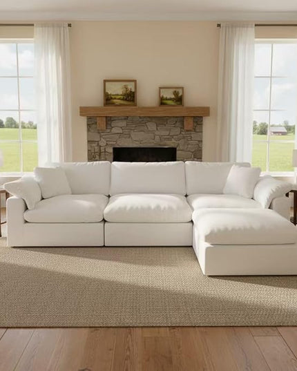 Modular Sectional Sofa Cloud Couch,Down Filled Comfy Cloud Modern Sofa,White Linen L Shape Oversized Couch Cushion Covers Removable Furniture for Living Room