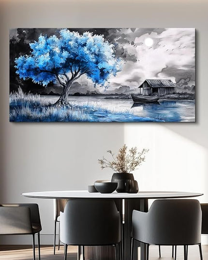 PHAOHUAXM Large Wall Art For Living Room Blue Wall Decor For Bedroom Black White And Blue Trees Wall Pictures Restaurant Office Frame Printing Canvas Large Artwork Modern Home Decoration 30x60 in
