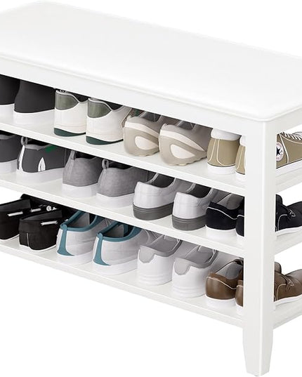 Entryway Shoe Storage Bench with Leather Cushion, Shoe Organizer Bench for Entryway, Ideal for Hallways Front Doors Entrances Mudrooms Featuring Rubberwood And 3 Height-Adjustable & Removable Shelve