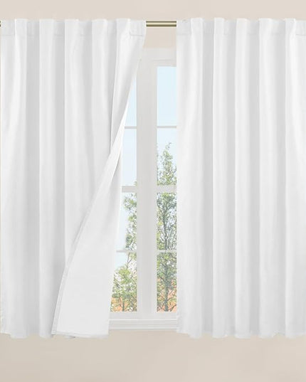 LAMIT 100% Blackout Short Linen Curtains, 48 Inch Length Linen Textured Thermal Curtains Back Tab and Rod Pocket Neutral Panels with White Liner for Small Window, 2 Panels, 42 x 48 Inch, White