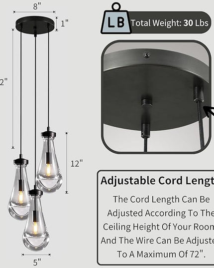 Bronze 3 Light Pendant Lighting, Raindrop Pendant Lights, Black Adjustable Hanging Rope Cluster Pendant Lighting Over Kitchen Island, Teardrop Glass Chandelier Dining Room Light Fixture