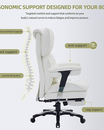 Efomao White Big and Tall Office Chair with Footrest – Ergonomic High-Back Computer Chair with Adjustable Armrests, Wide Seat – Modern Home Office, Gaming & Study Chair for Young Professionals