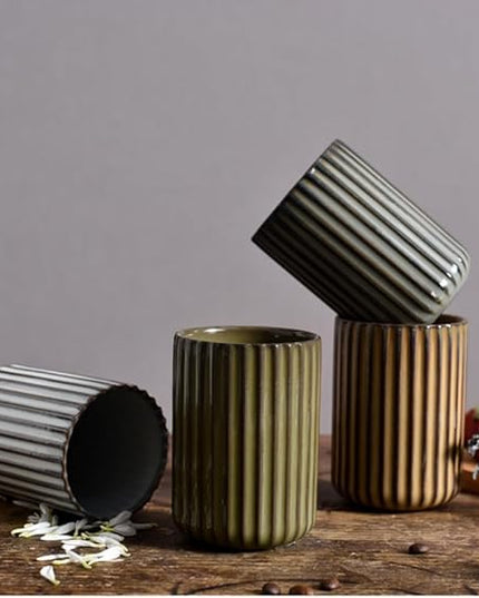 Stoneware Coffee Bar Utensil Holder Tea & Coffee Spoon & Stirrer Holder for Stir Stick Straw Teaspoon Holder Spoon Cup Small Utensil Jar Fluted Vertical Stripe (Retro Green)