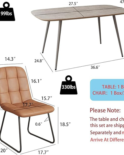 47.2'' Dining Table Set for 4,Modern Wood Dining Table,Leather Dining Chairs 4,Table and Chairs Set of 4,Ideal for Kitchen Dining Room (Gray Table + 4 U-Shaped Brown Chairs, 47.2")