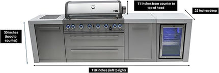 Mont Alpi MAi805-DFCXL 6-Burner 115000 BTU Deluxe Stainless Steel Island Outdoor Kitchen BBQ Gas Grill + Fridge Cabinet + Granite Countertops + + Grill Cover + 25" Right Extra Storage Cabinet