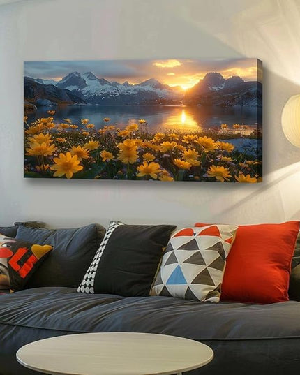 LKY ART Mountain Lake Sunset Wall Art Snow Capped Peaks with Yellow Wildflowers Picture Wall Decor for Living Room Nature Landscape Canvas Prints Poster Artwork Home Decoration
