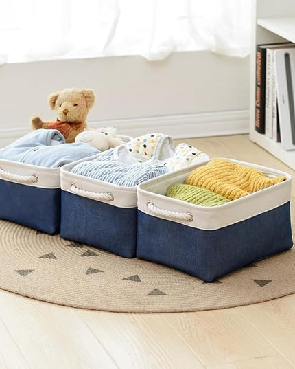TheWarmHome Storage Basket for Organizing - Medium 3 Pack 14x10x7 inch Fabric Storage Cubes for Shelves with Rope, Collapsible Storage Bin for Organizer Closet Cloth Gift Toy (White & Jean Blue)